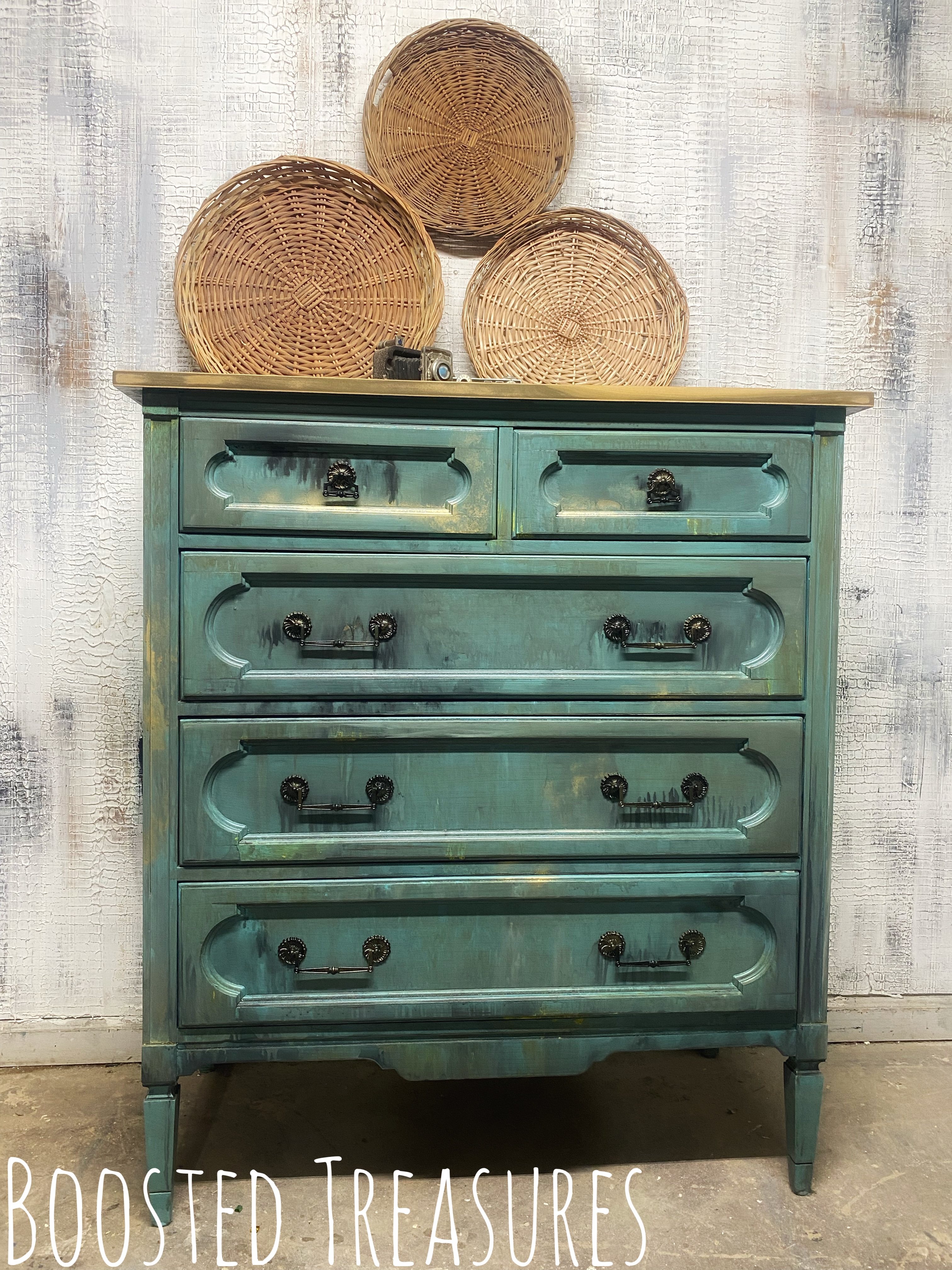 Green hand-painted dresser with gold accents