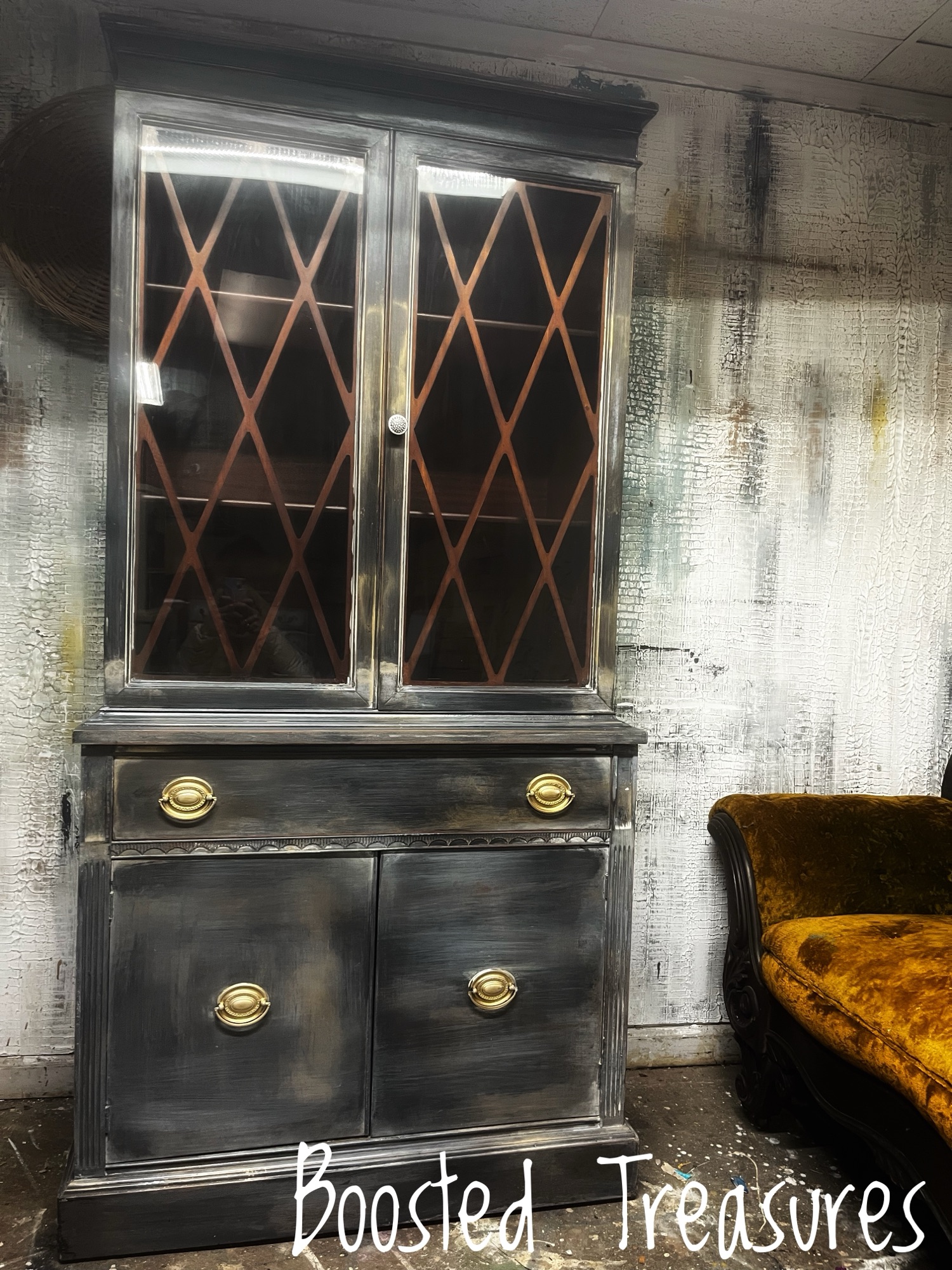 Dark refinished hutch with lattice doors