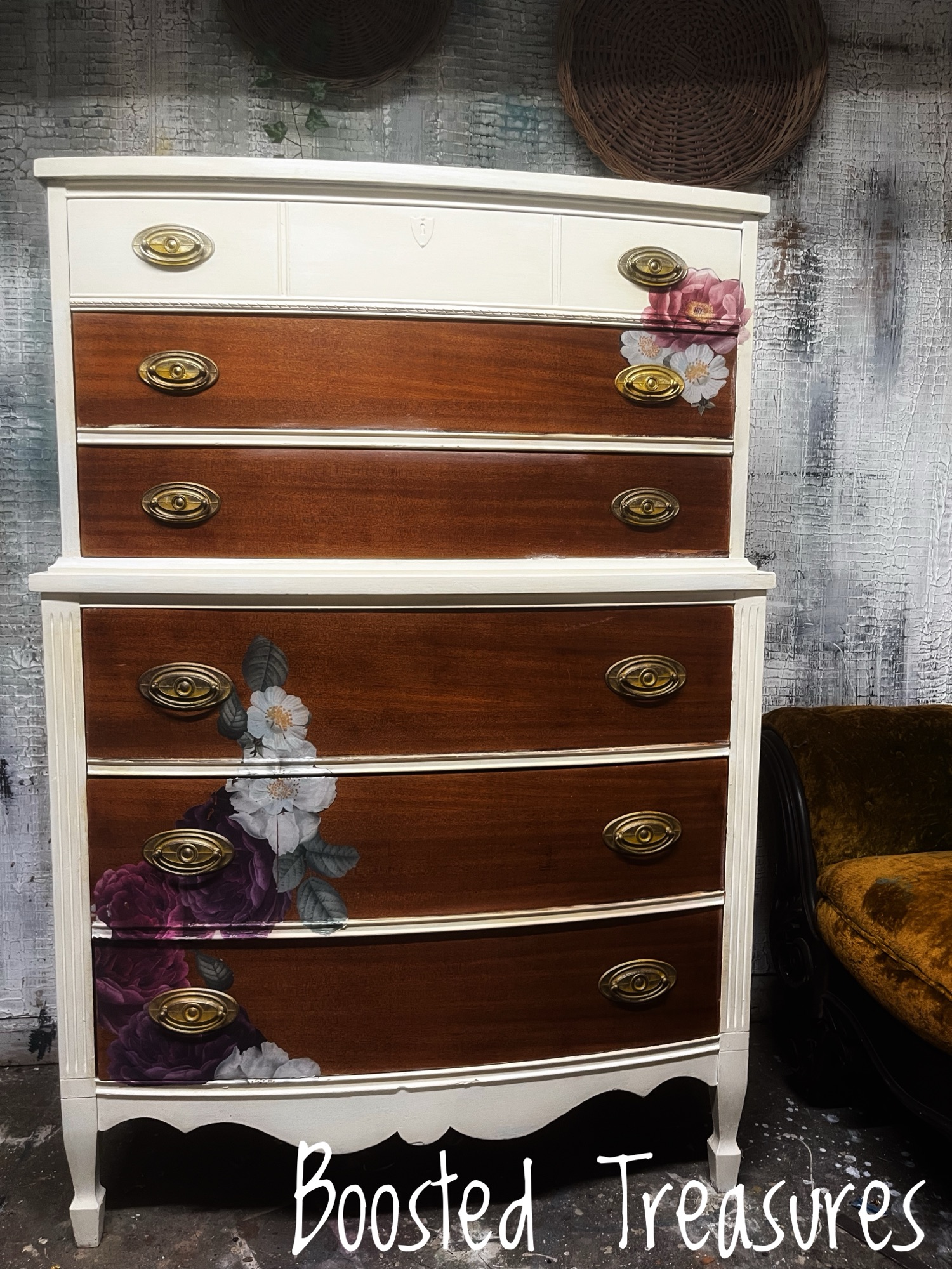 Refinished wooden dresser with hand-painted drawers