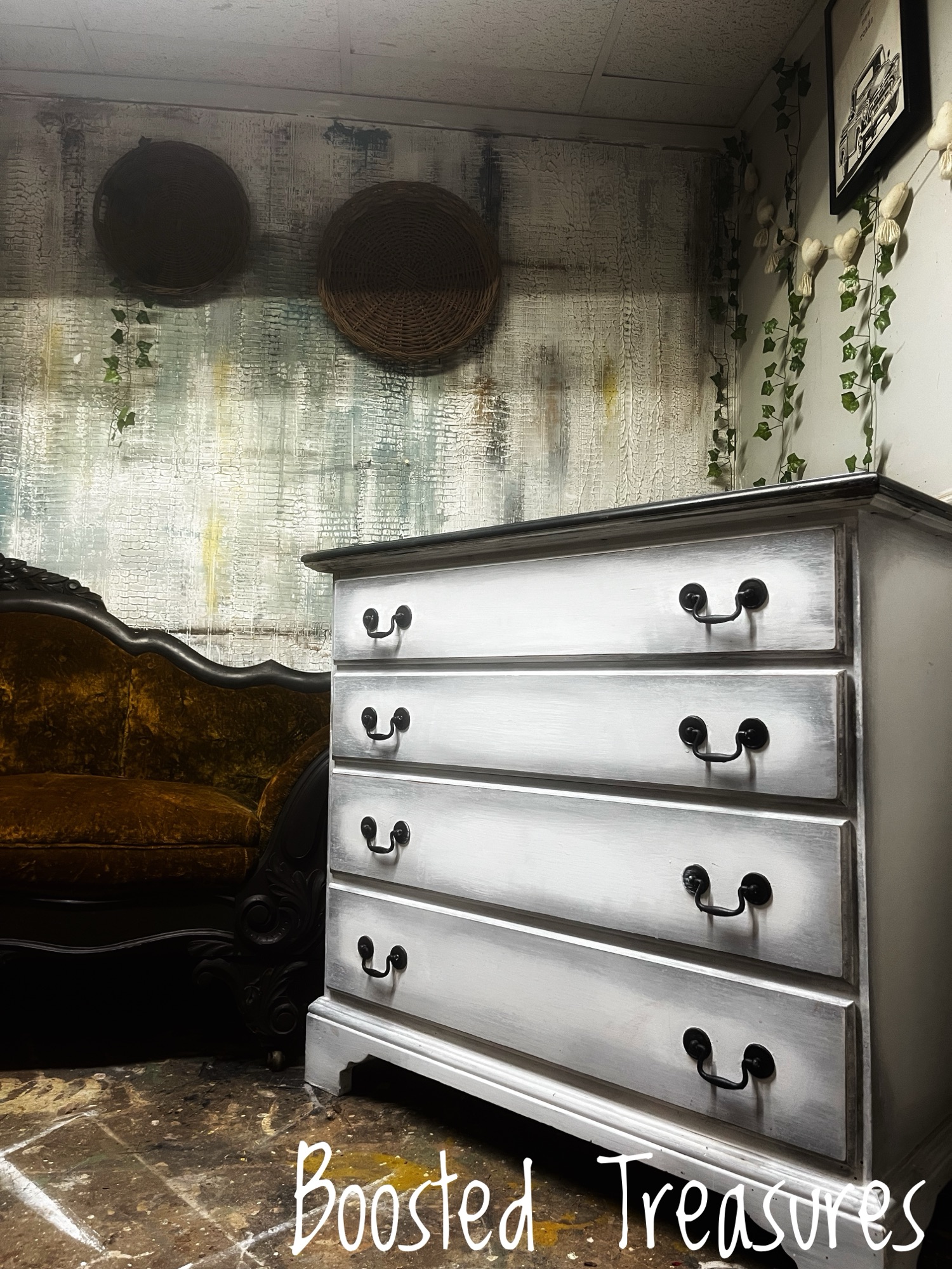Hand-painted white dresser with green top